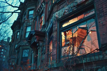 A dramatic shot of an abandoned building with broken
