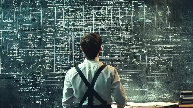 Individual analyzing complex equations on a chalkboard in a dimly lit study