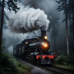 Steam Train in Misty Forest