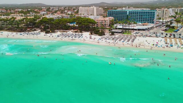 Aerial view of Platja de sa Coma beach in Mallorca, Balearic Islands, Spain.