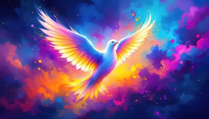 Fototapeta premium Vibrant Rainbow Dove Soaring in Colorful Clouds