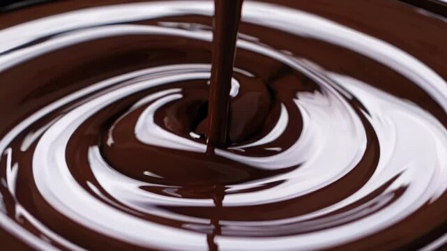 Close-up shows thick cocoa waves in glossy form; chocolate swirl mesmerizes sweet craving, chocolate swirl flows smoothly, chocolate swirl tempts lovers. Concept dessert delight