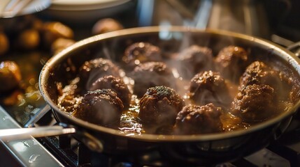 An appetizing plate of Swedish meatballs is attractively presented. The Swedish meatballs, a classic dish from Sweden, are small, round, and tender