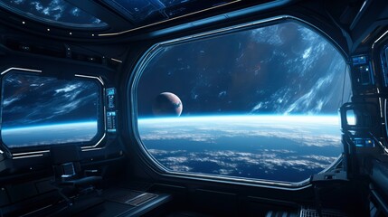 Spaceship Window View of Earth and Planet from Orbit - Futuristic Space Exploration Concept