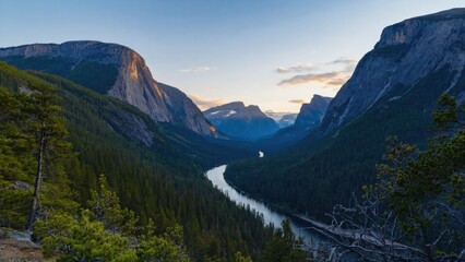 Fototapeta premium Peaceful forest scene with river and mountains