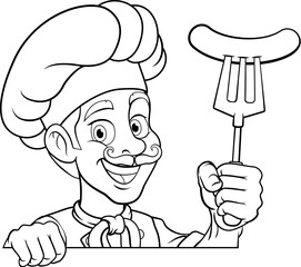 A chef cartoon barbecue cook man giving a thumbs up and holding a hotdog or grilled sausage a BBQ or cooking fork and peeking around sign or menu, mascot character illustration