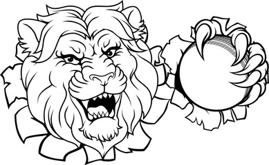A lion with a cricket ball animal sports team mascot