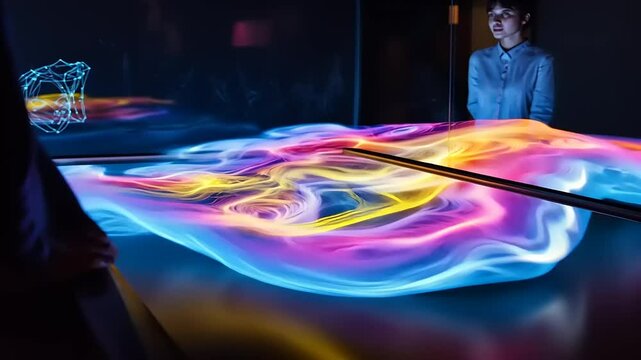 Interactive digital display showcasing vibrant fluid animations with a person observing