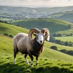 Naklejka premium Majestic Ram on Rolling Green Hills