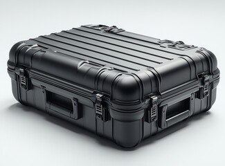 Professional Black Aluminum Hard Case with Metallic Latches Isolated on White Background