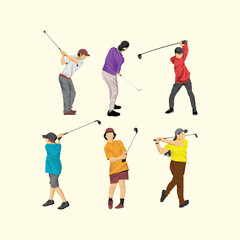 Golfer Golf Player Athlete Vibrant Colored Person Simple Vector Set Collection