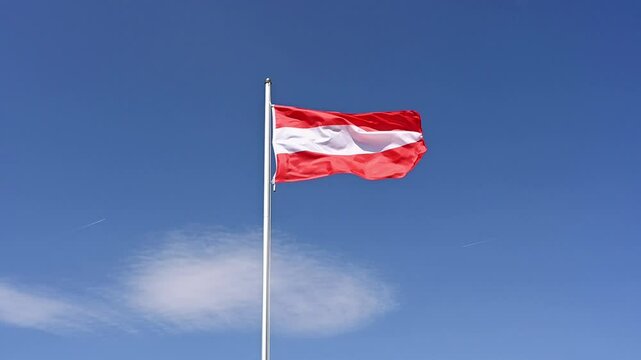 national flag of Austria  is hoisted and flutters in strong wind, 20 to 25 kmh