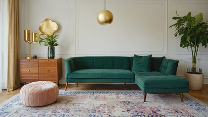 A stylish and comfortable modern living room with green couches, a rug on the floor, a coffee table and framed wall art. The room is accented with decorative lights and potted plants.