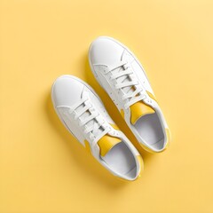 Stylish White Sneakers with Yellow Accents on Yellow Background