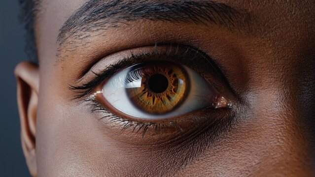 Golden brown iris on dark skin in close-up shot with blurred background.