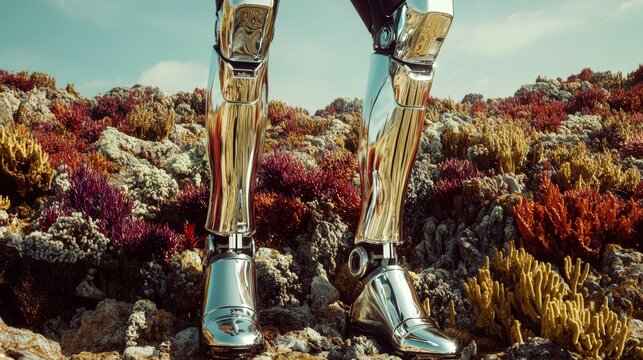 Robot legs walking on alien terrain with rocks and plants futuristic technology concept