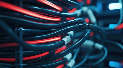 Chaotic Tangled Network of Industrial Cables with Vibrant Red Lights in a Digital Environment