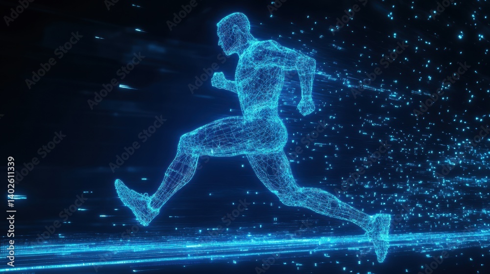 Poster runner in motion captured as a glowing digital wireframe silhouette, showcasing athleticism and ener