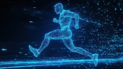 Naklejka premium Runner in motion captured as a glowing digital wireframe silhouette, showcasing athleticism and energy in a futuristic design