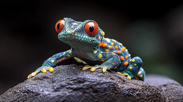 Vibrant frog perched on a rock, showcasing colorful skin in a lush, natural habitat