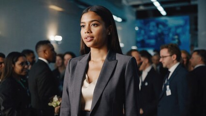 Fototapeta premium A young woman in a professional suit attending a business meeting. Her smile suggests confidence and approachability.