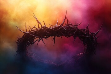 Crown of Thorns Against a Rainbow Background Symbolizing Salvation and Change