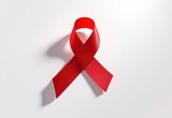 Classic red ribbon, symbolic of the fight against HIV/AIDS, isolated on white background. Awareness of heart disease and the importance of blood donation. Symbolizes compassion and a call for charitab