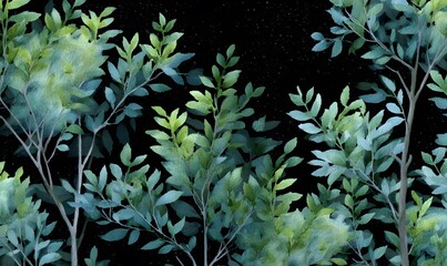 Obraz premium tree with leaves nighttime seamless watercolor, Generative AI