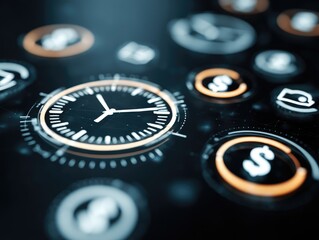 Digital time management interface. Visual representation of integrated financial and time management tools. Displays interactive clock and financial icons