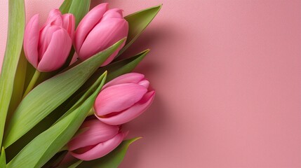 Fototapeta premium Elegant pink tulips arranged against matching backdrop evoking feelings of springtime freshness