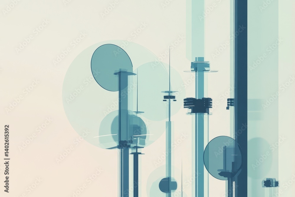 Poster abstract structures featuring circular and vertical elements against a soft gradient background