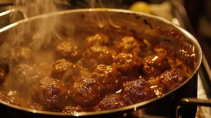 An appetizing plate of Swedish meatballs is attractively presented. The Swedish meatballs, a classic dish from Sweden, are small, round, and tender