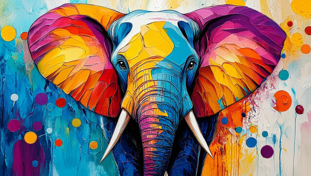 Dynamic illustration of an elephant in colorful hues against an imaginative abstract backdrop; ideal for art lovers seeking to elevate their home decor with lively designs.