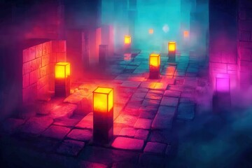 A surreal pathway illuminated by glowing lanterns amidst a foggy, colorful environment, creating an enchanting and mysterious atmosphere.
