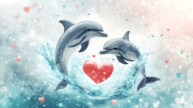 Two Dolphins Leap in Ocean Waves with a Red Heart, Valentine's Day Theme - Powered by Adobe