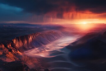 Aerial view of rare rain falling over sand dunes and rocky cliffs