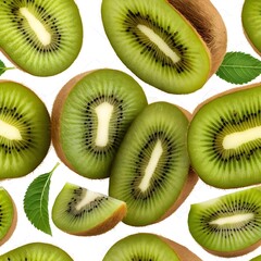 Fototapeta premium Juicy Kiwi Fruit Slices Falling on White Background