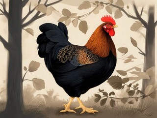 Beautiful Rooster in Lush Forest,
Striking Brown and White Rooster in Nature, Elegant Farm Rooster in Green Woodland, Majestic Rooster Posing in Mossy Forest 