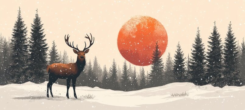 Fototapeta Scandinavian Winter Landscape Minimalist Pattern with Deer, Pine Trees, Huts, and Snowflakes for Rustic Christmas Decor