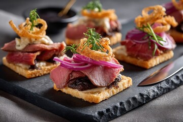 Savory smorrebrod with roast beef, pickled onions, and crispy onions on a slate plate in a bright kitchen