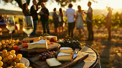 Sunset gathering at a vineyard with wine glasses and cheese board. Summer vineyard event and wine tasting concept. Golden hour with copy space for Modern design.