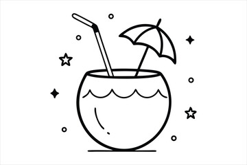 outline drawing coconut drink with straw