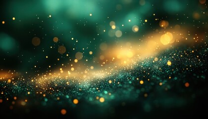 Fototapeta premium Abstract Impressionist Glowing Green Bokeh Lights on Dark Teal Background Ethereal Art