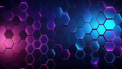 Minimalist abstract hexagonal geometric gradient wallpaper for desktop, sci-fi futuristic neon blue and purple asymmetric glass background