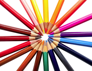 Vibrant colored pencils arranged in a radiant circle against a white background.  This image symbolizes creativity, diversity, and the boundless potential of artistic expression.