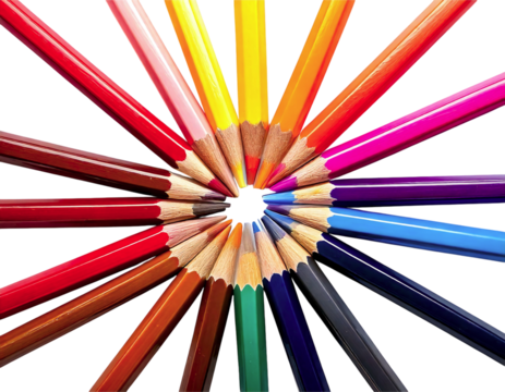 Vibrant colored pencils arranged in a radiant circle against a white background.  This image symbolizes creativity, diversity, and the boundless potential of artistic expression.