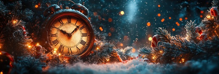 Festive New Year's Eve Celebration with Clock, Snowflakes, Candy Canes, and Christmas Tree