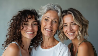 A heartwarming portrait featuring three women of different ages, radiating happiness and connection. The image beautifully captures the bond between a grandmother, mother, and daughter, showcasing