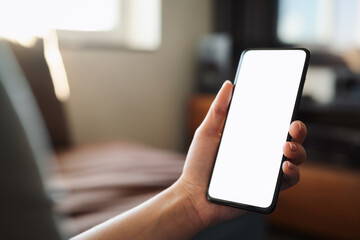 Young woman hold smartphone with white screen while sitting on a couch