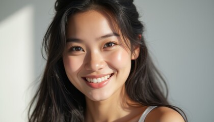 Naklejka premium A cheerful young woman with long, flowing hair beams with a radiant smile, illuminated by gentle natural light. Her glowing complexion and joyful expression create an inviting atmosphere, perfect for